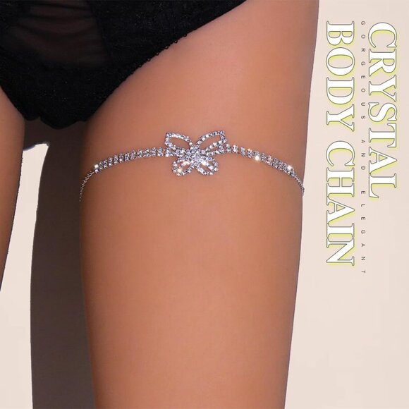 Nicute Butterfly Rhinestone Leg Chain Silver Summer Sparkly Crystal Thigh Chains - Picture 5 of 6